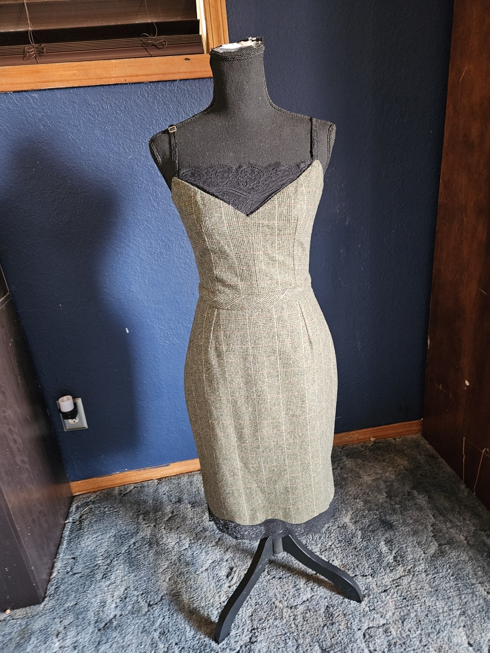 2000's Vtg D&G Dolce & Gabbana Olive Checkered Tweed & Lace Sexy Dress